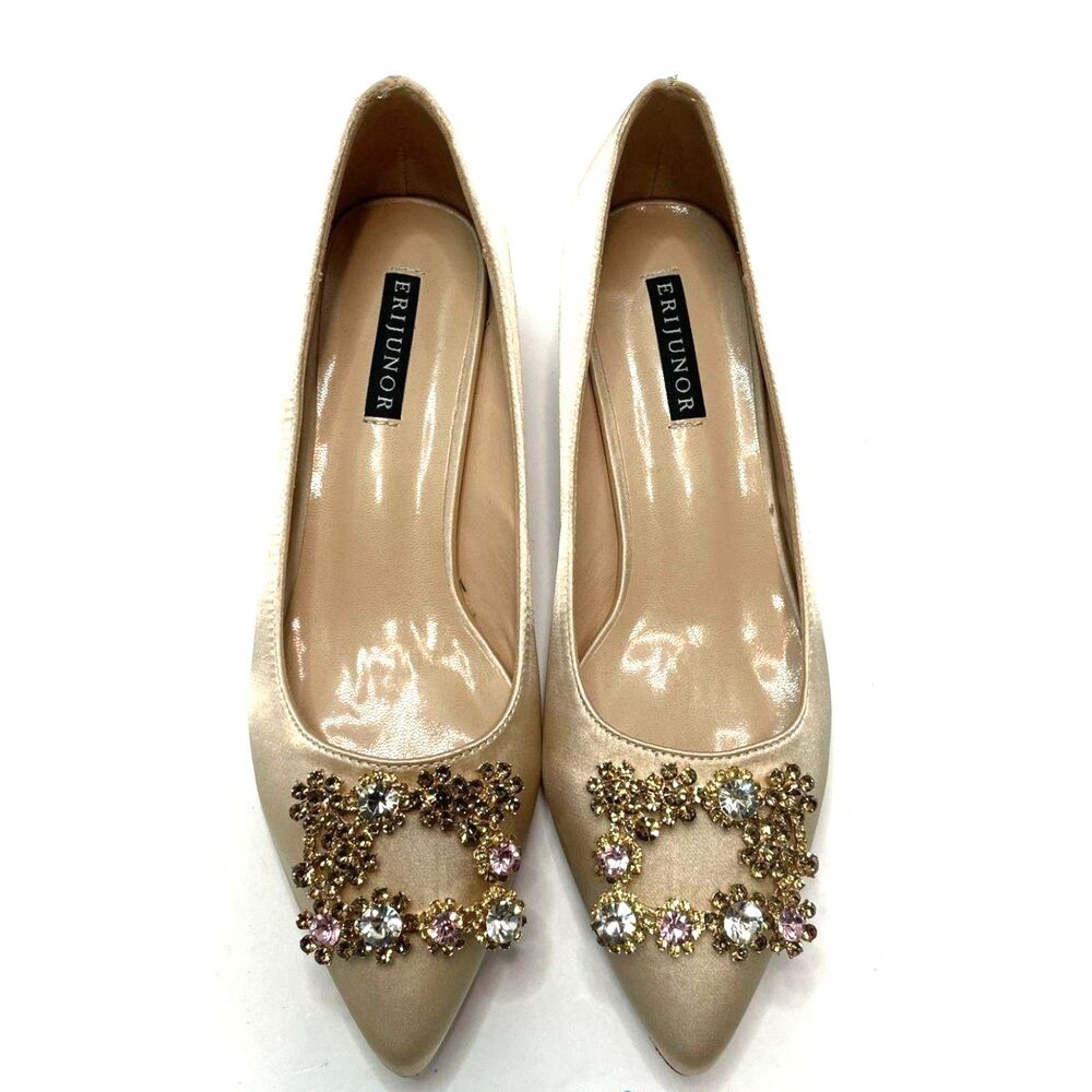 Erijunor Satin Rhinestone Pointed Toe Prom Wedding Flats - Champagne Size 7